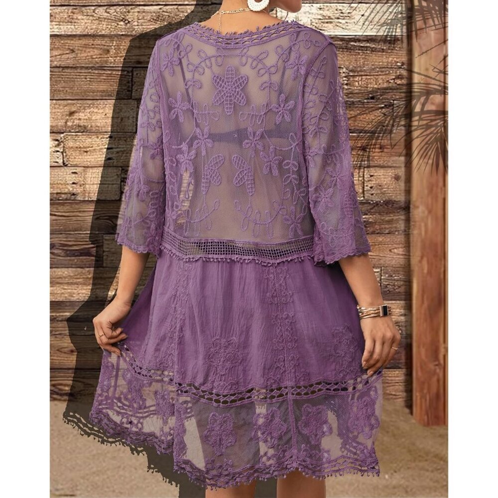 🆕Women Purple Lace Swimwear Cover Up V Neck Beach Dress Vacation Outfit - Picture 5 of 6